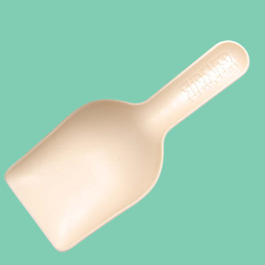 A light beige plastic scoop with the brand name 'FOREVER' embossed on the handle, shown against a solid mint green background.